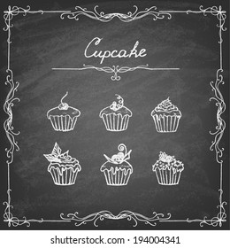 Ã?Â Vintage cupcake collection. Sketches of  cupcakes hand-drawn with chalks on blackboard. Vector illustration.