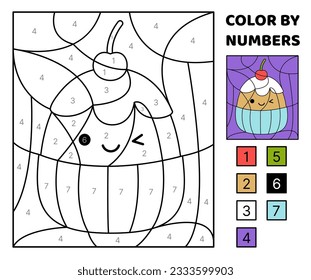 Cupcake. Color by number. Squishmallow. Coloring page. Game for kids. Kawaii, cartoon, vector. Isolated vector illustration eps 10