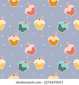 Cupcake colorful cartoon so cute. On heart background. Pattern seamless vector illustration.
