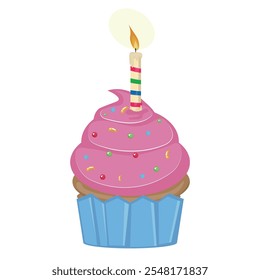 cupcake with colorful confetti and birthday candle, birthday symbol. vector illustration.