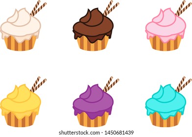 Cupcake colorful flat vector set 