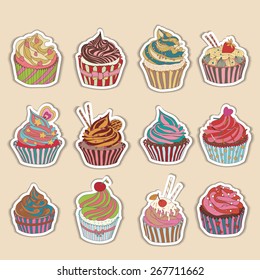 Cupcake colorful icon. Set of different cupcakes.