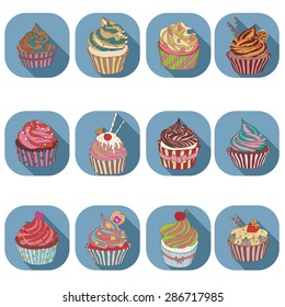 Cupcake colorful icon. Set of different cupcakes.