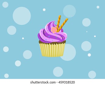 Cupcake with colorful little candy Lollipop and waffles. Vector illustration background.