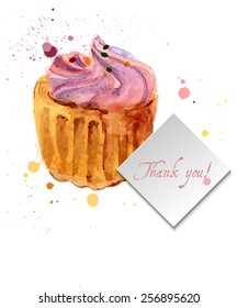 Cupcake with colorful shavings and cream decoration. Hand drawn watercolor painting on white background. Vintage style. Vector illustration.