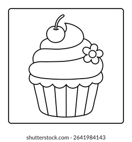 Cupcake Coloring Page – Black and White Dessert Illustration for Children