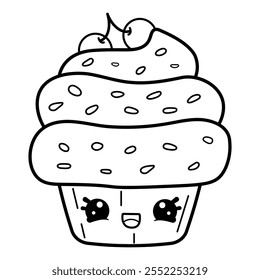 Cupcake coloring page in kawaii style, isolated sweet vector illustration