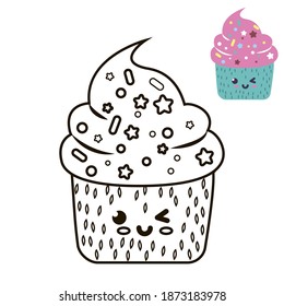 Cupcake coloring page. Kids activity game. Monochrome object and color icon on the white background