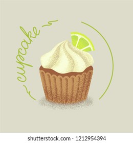 Cupcake with confetti and lemon slice. Cup-shaped cake with topping and lime isolated. Muffin iced by cream. Tasty sweet dessert. Vector illustration in dot style, retro vintage dots graphic art.