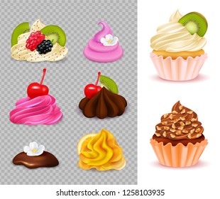 Cupcake constructor with various appetizing toppings set on transparent background and 2 ready desserts realistic vector illustration