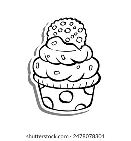 Cupcake with Cookie on white silhouette and gray shadow. Vector illustration for decoration or any design.