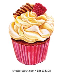 Cupcake with cookie, raspberry and cream. Hand drawn watercolor painting on white background, vector illustration.