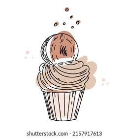 Kuchen mit Keksen und Sahne. Vektorgrafik. Cupcakes im Doodle-Stil.