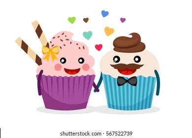 Cupcake couple vector illustration. Sweet cupcakes hold hands isolated on white background with confetti.