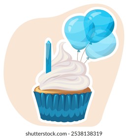 Cupcake with cream, air balloons and candle. Muffin. Sticker. Flat style. Gender party. Birthday, holiday, congratulations, concept of invitation. Vector illustration for banner, postcard.