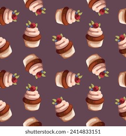 Cupcake with cream and berries. Baking, bakery shop, cooking, sweet products, dessert, pastry concept, catering. Vector seamless pattern design.