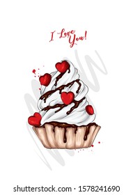 Cupcake with cream. Cake with colorful hearts. Vector illustration for a card or poster, print on clothes. St. Valentine's Day.