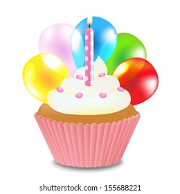 Cupcake With Cream And Candle With Gradient Mesh, Vector Illustration