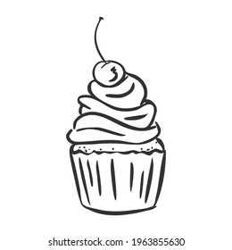 Pastel con gorra de crema y cereza. Muffin de doodle dibujado a mano. Icono de estilo lineal.