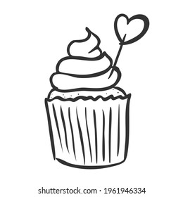 Cupcake with cream cap and heart decoration. Doodle muffin isolated on white. Icon in linear style.