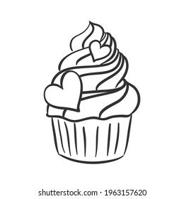 Cupcake with cream cap and heart decoration. Doodle muffin isolated on white. Line icon.