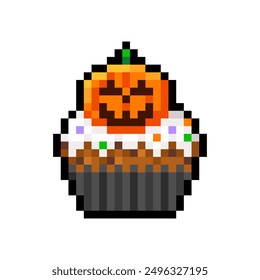 Cupcake mit Frischkäse und Kürbis einzeln auf transparentem Hintergrund. Halloween-Muffin-Pixel-Symbol. Vektorpixelgrafik im 16-Bit-Stil.