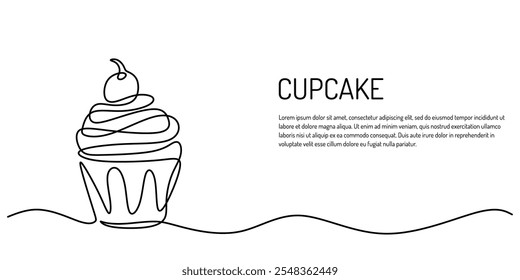 A cupcake with cream and cherries, captured in a continuous one line drawing for a food and drink concept poster.