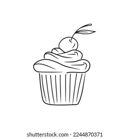 Cupcake with cream and cherry decoration on the top. Hand drawn vector sketch illustration in simple doodle engraved vintage style. Love, romance, bakery, confectionary, date, tasty, delicious dessert