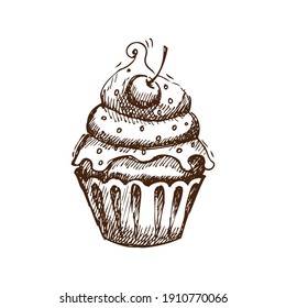 Cupcake with cream and cherry doodle vector illustration