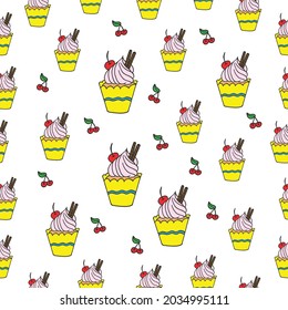 cupcake with cream, cherry fruit and waffer rolls illustration on white background. muffin, sweet dessert. hand drawn vector, seamless pattern. doodle art for wallpaper, wrapping paper and gift,fabric