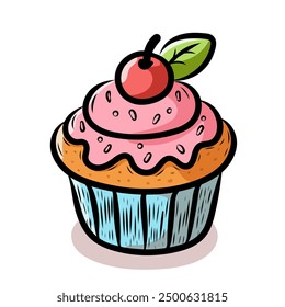 Cupcake with cream and cherry, in line art style in color, repeating pattern. Design for packaging food, sweets, coffee, vector