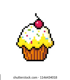 Cupcake with cream and cherry. Muffin. Pixel art. Logo. Vector illustration.