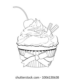 Cupcake with cream, with a cherry on top and waffles, vector outline illustration, coloring, sketch, contour black and white drawing. Drawn dessert isolated on white background