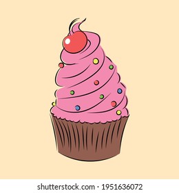 Cupcake with cream and cherry on top. Vector Illustration.