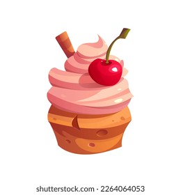 Cupcake with Cream and Cherry. Realistic Sweet dessert. Food icon. Vector Illustration in Cartoon Style.