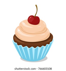 Cupcake With Cream And Cherry. Vector Clipart