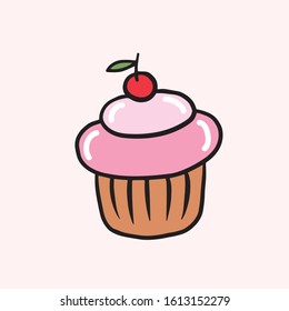 Cupcake with cream and cherry. Vector color sketch in cartoon style. Illustration of cupcake in doodle style.