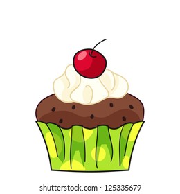 cupcake with cream and cherry - vector illustration