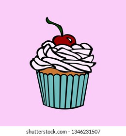 Cupcake with Cream and Cherry. Vector Illustration