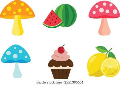 Cupcake with cream and cherry, yellow, blue or pink agaric mushroom, lemon, watermelon Vector illustration in flat style