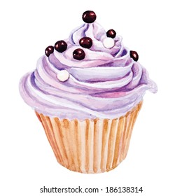 Cupcake with cream and chocolate bulbs. Hand drawn watercolor painting on white background, vector illustration.