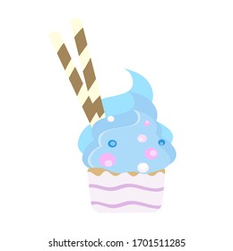 Cupcake with cream and colorful sprinkles and tubes. Vector illustration in flat style.