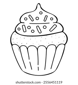 Cupcake with cream coloring book hand drawn. Party cake. Sweet pastry. Sugar dessert birthday day. Portion biscuit. Vector line art illustration. Page for kids and adults.