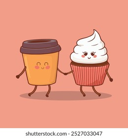 Cupcake with cream and cup coffee, tea. Сharacter, happy desserts, cute kawaii. Funny faces