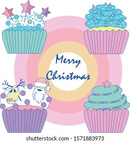Cupcake and cream cupcakes decorated with sprinkles and Christmas decorations in vector