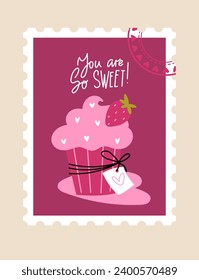 Cupcake with cream decorated with hearts and the text - you are so sweet.Greeting card in the form of a postage stamp.Valentine's Day or birthday card