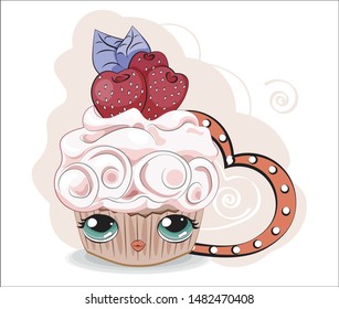 cupcake with cream decorated with strawberry and funny face. Happy birthday card