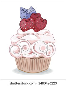 cupcake with cream decorated with strawberry. The picture in hand drawing style, can be used  for t-shirt print, wear fashion design, greeting card, baby shower.