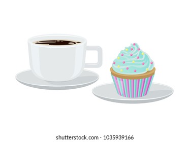 Cupcake with cream and decoration elements on top, and coffee poured in cup, poster with sweet bakery and drink, isolated on vector illustration