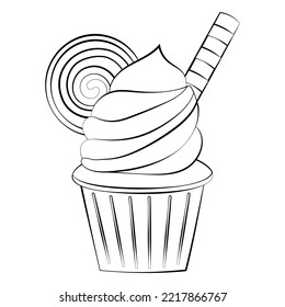 Cupcake with cream and decorations with a thin line. Vector on a white background.